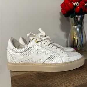 Zadig & Voltaire White Leather Perforated Sneakers with Tan Sole